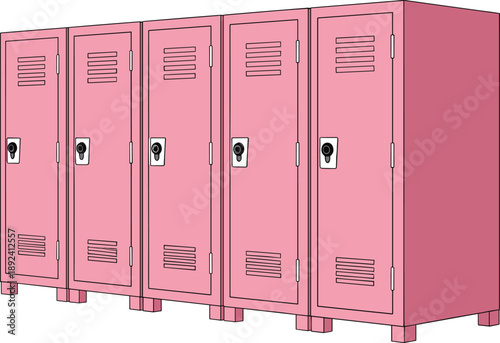Row of Pink Metal School Lockers in Perspective for Gym Hallway Classroom Storage Furniture Vector Illustration