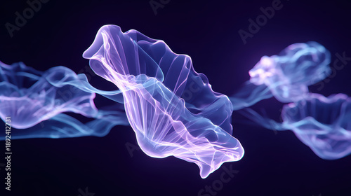 Ethereal glowing jellyfish like forms create mesmerizing display of translucent light, evoking sense of wonder and tranquility in dark background