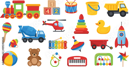 Set of Colorful Kids Toys Icons Including Train Truck Helicopter Blocks Drum Duck and Educational Play Objects Vector Illustration
