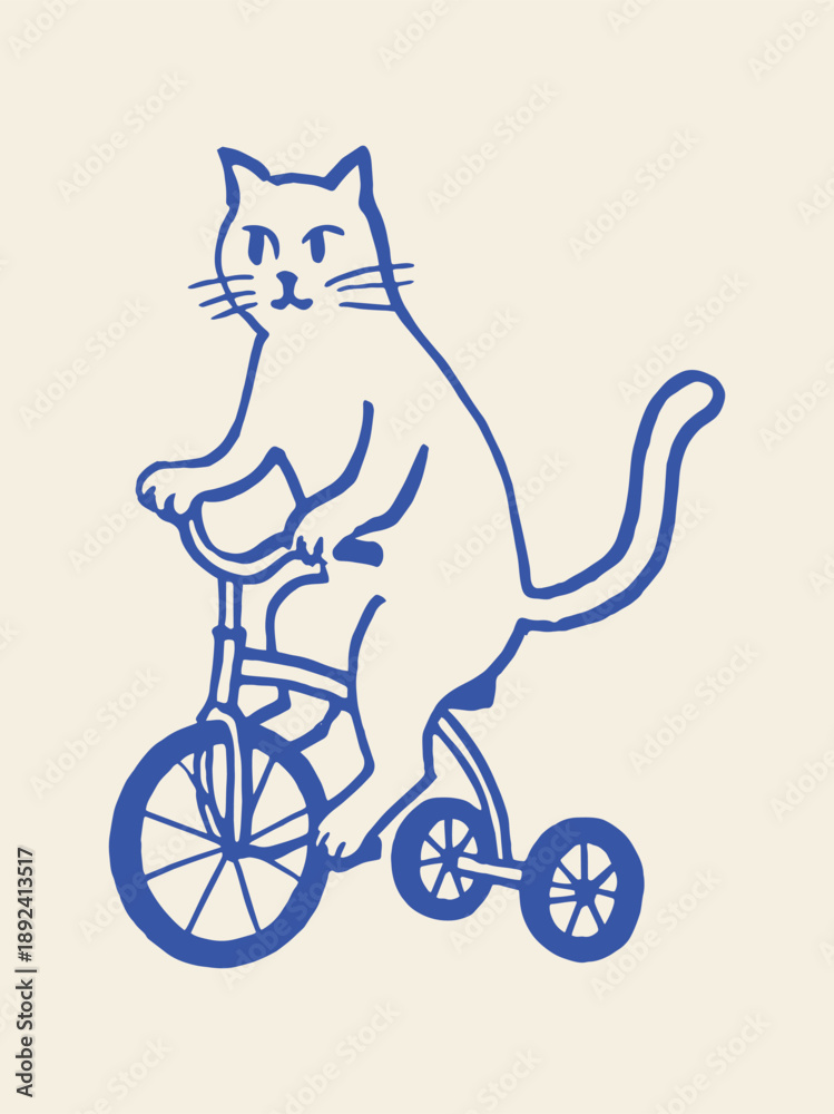 Naklejka premium Cat riding tricycle doodle line art vector illustration