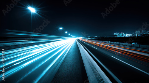 Streaks of white and blue light illuminate dark highway, showcasing dynamic movement of vehicles. scene captures essence of speed and modernity, creating vibrant atmosphere