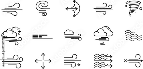 Set of Wind and Air Flow Line Icons Including Storm Breeze Tornado Direction Arrows and Weather Symbols Vector Illustration