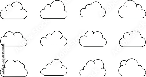 Simple Cloud Outline Icon Set with Clean Rounded Shapes for Weather Forecast Apps, Cloud Computing Interfaces, and Minimal UI Design Projects