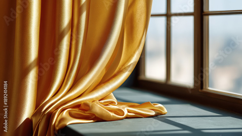 Luxurious gold silk curtains gently draping by window, catching soft breeze and sunlight, creating elegant atmosphere in room