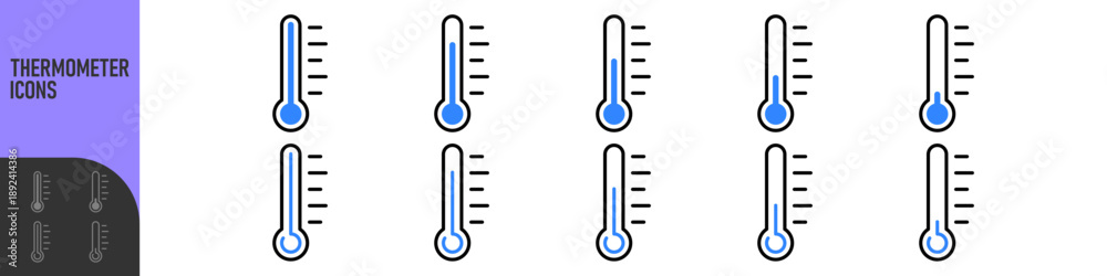 Fototapeta premium Thermometer icon set showing different temperature levels from cold to hot. Ideal for weather apps, climate concepts, temperature control, health indicators, UI design, dashboards and infographics.