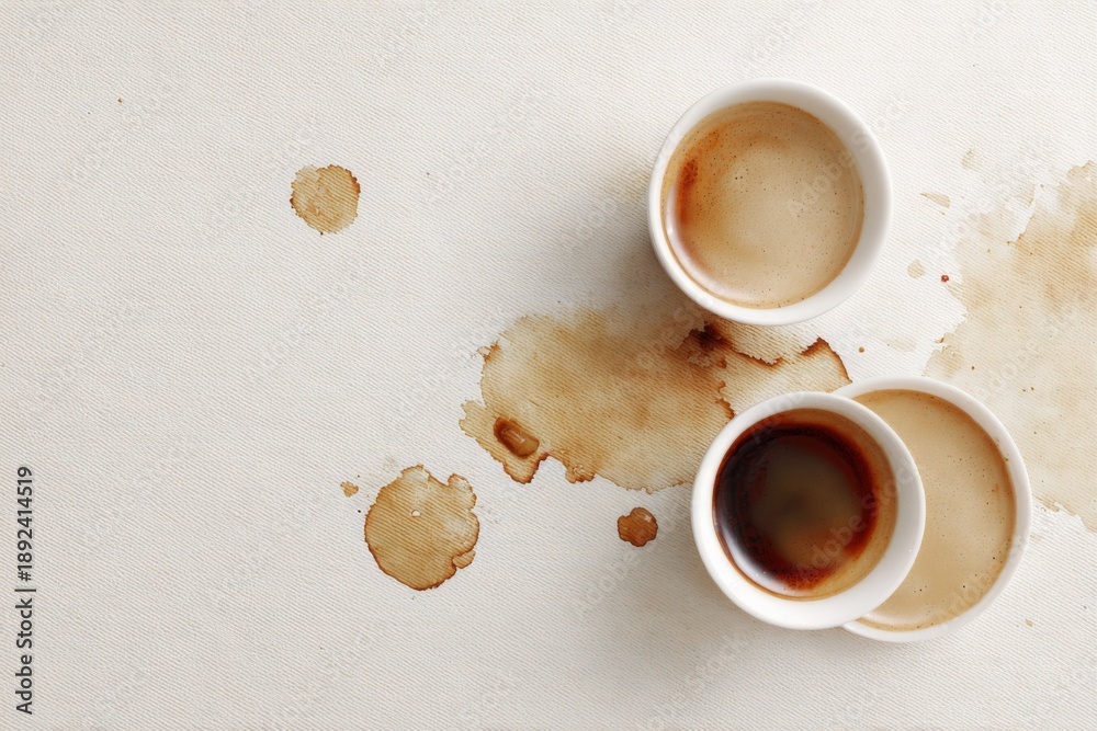 Obraz premium Top view of three coffee cups on stained canvas surface