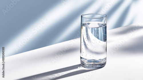 Clear glass of water sits on white surface, showcasing light caustic reflections and bubbles within. soft shadows and gentle light create serene atmosphere, emphasizing simplicity and clarity