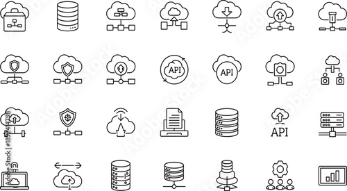 Cloud Computing and API Integration Line Icon Set Featuring Data Storage, Network Security, Cloud Services, and Software Infrastructure Symbols