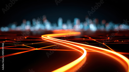 Glowing orange and white lines create dynamic path through futuristic cityscape, symbolizing smart city infrastructure and connectivity. vibrant colors evoke sense of innovation and progress