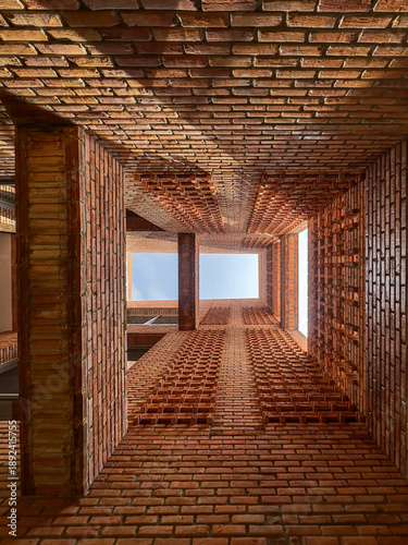 Dramatic Worm's Eye View of Architectural Detail of Textured Brickwork in Modern Urban Design 
