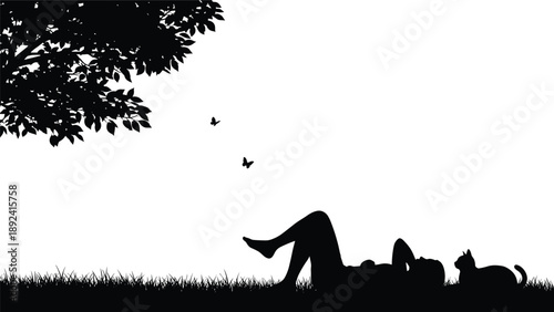 Black silhouette of a person lying on grass under a leafy tree with a cat and butterflies nearby isolated on white background