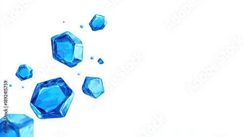 Floating blue crystals create vibrant and dynamic visual against clean white background, evoking sense of freshness and clarity. geometric shapes add modern touch to composition