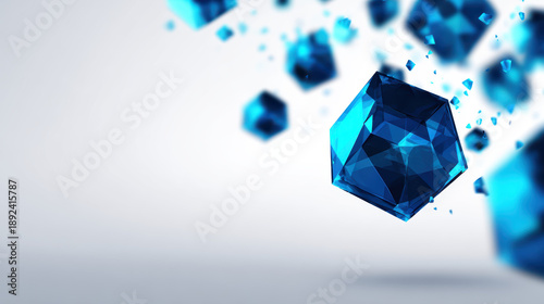 Floating blue geometric shapes create dynamic and modern visual effect against clean white background, evoking sense of innovation and creativity