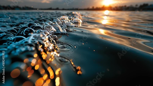 Ocean waves ripple gracefully under a setting sun, casting a warm golden glow across the water's surface. the gentle motion and serene ambiance create a calming atmosphere, ideal for relaxation-themed