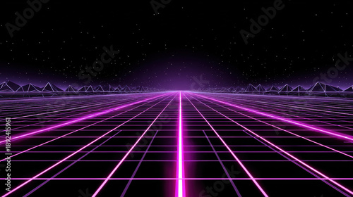 Vibrant virtual reality grid space features striking combination of purple and pink neon colors, creating mesmerizing atmosphere that evokes sense of depth and infinity