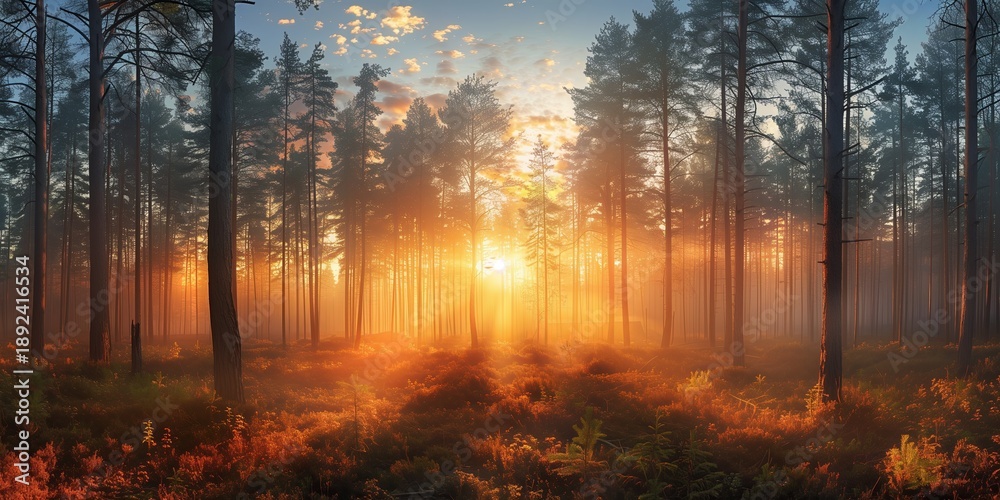 Obraz premium Sunrise in the forest clearing surrounded by tall trees and vibrant light rays illuminating the scene