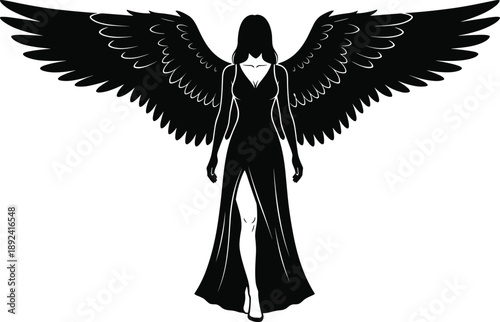 Black silhouette of a female angel with large spread wings wearing a long dress and hood isolated on a dark black background
