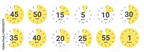 Cooking time icons for food. Stopwatch icons. Icons of Time in minutes. Vector illustration
