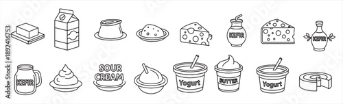 dairy products icons set line style 