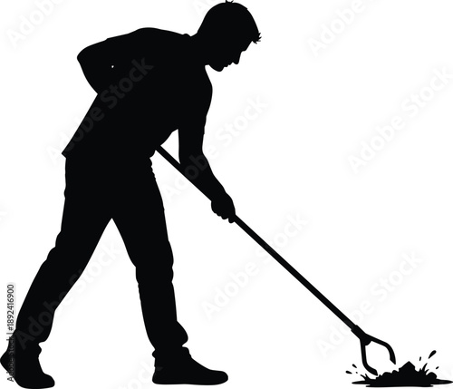 Black Silhouette of a Professional Worker Using a Reach Extension Grabber Tool to Pick Up Litter and Trash for Environmental Cleaning and Sanitation Concept