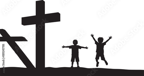 Black Silhouette of Two Happy Children Jumping and Celebrating in Front of Three Christian Crosses on a Hillside for Faith Hope and Religion Concept