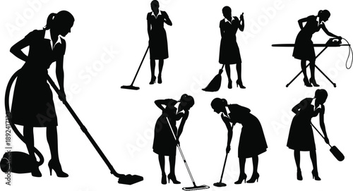 Set of Professional Housekeeper Silhouettes Cleaning Vacuuming Mopping and Ironing Clothes for Domestic Service Hospitality Hotel Maintenance and Commercial Cleaning Business Marketing Concept