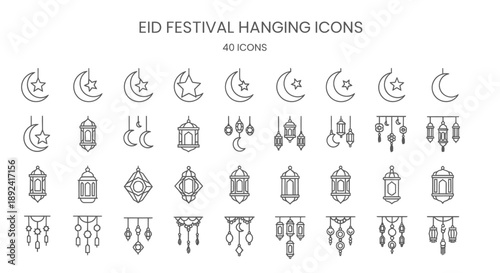 Detailed Eid Festival Hanging Ornaments - Traditional Islamic Lanterns and Geometric Star Pendants