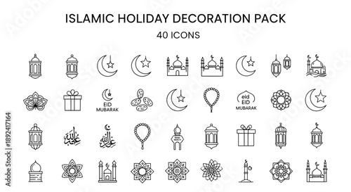 Islamic Holiday Decoration Pack - Eid Mubarak Typography, Mosque, and Festive Balloon Icons