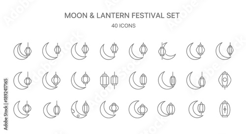 Moon and Lantern Festival Icon Set - Modern Islamic Pattern and Fanous Elements for Web & Print