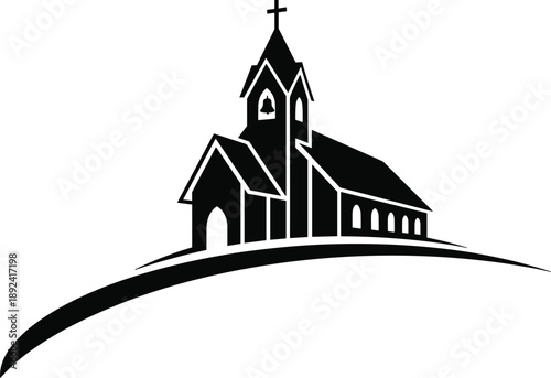 Black Silhouette of a Traditional Christian Church Building with a Cross on a Steeple Set on a Hillside for Religious Faith and Community Concept