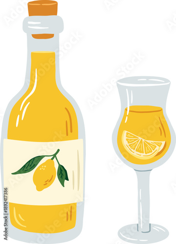 Hand drawn limoncello bottle and glass vector illustration. Cartoon Italian lemon liqueur