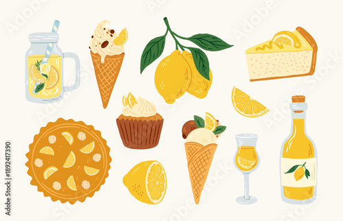 Set of hand drawn lemon desserts, pie, cupcake, ice cream, cheesecake, limoncello, lemonade vector illustration. Cartoon Italian sweet food and drink.