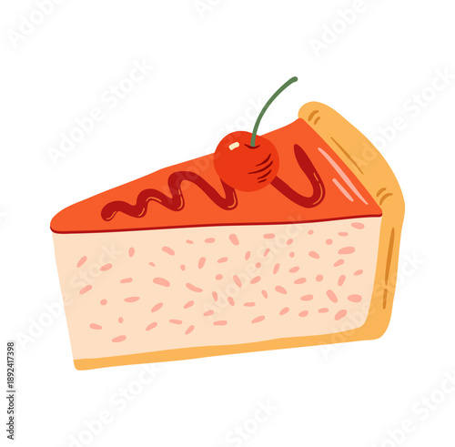 Hand drawn cheesecake slice with fruit topping and cherry vector illustration.