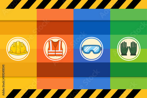Colorful safety concept illustration showing essential personal protective equipment for industrial workplaces, promoting accident prevention, compliance, and worker protection awareness.