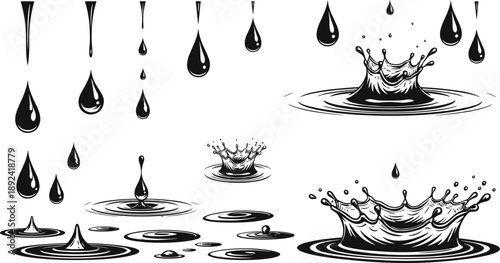 Water drop and splash silhouette vector illustration set featuring falling droplets, ripple circles, liquid impact shapes, and black ink style collection