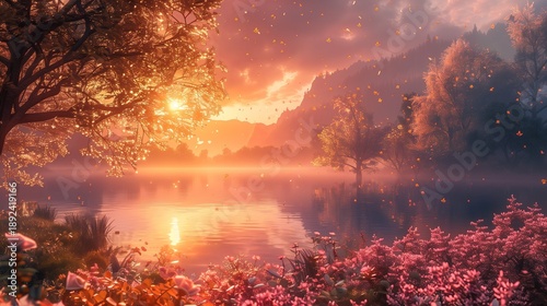 Sunset over lake with flowers and trees in vibrant colors during autumn season