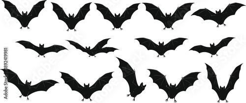Flying bat silhouette vector illustration set featuring spooky nocturnal animals, halloween shapes, gothic wildlife outlines, and dark night creature collection