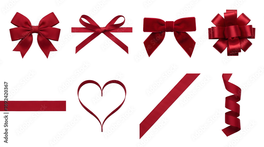 Naklejka premium Red ribbon and bow set including classic, velvet, and rosette styles with heart shape and curled spirals isolated. Gift wrapping decoration for holidays or celebrations.