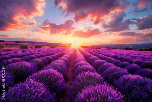 Lavender field at sunset with vibrant colors and horizon in Provence region