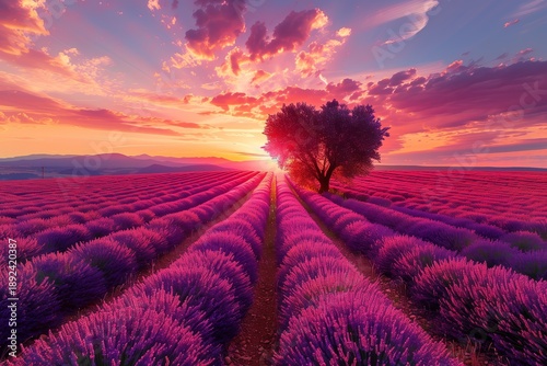 Lavender field with sunset in the background, scenic view of nature during golden hour
