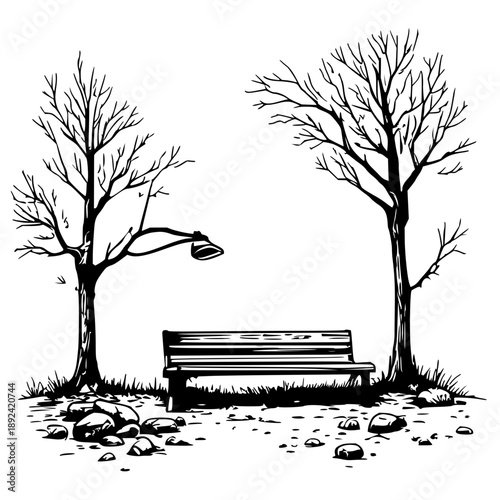 Rustic wooden bench under classic streetlamp nestled between bare trees, scattered rocks and grass on a clean white background evoking calm urban park