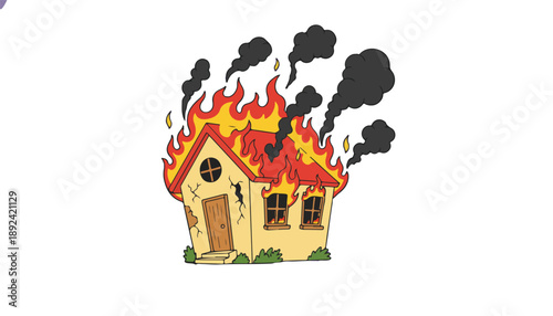 A burning one-story house. Cartoon, mockup, footage, isolated on a transparent background.