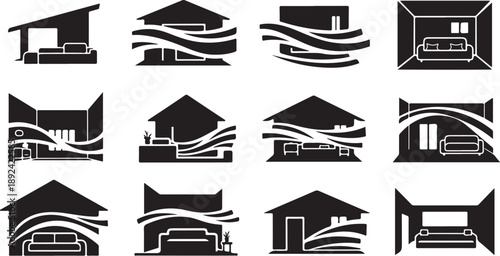 Modern House Design Silhouette Icons with Waves and Windows