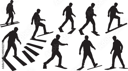 Silhouettes of people walking in various dynamic poses and steps
