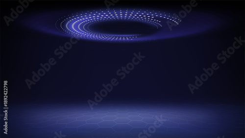 Futuristic technology stage, dim blue background. Round dotted led, neon glow. Abstract background for displaying products, presentation, advertising. Tech blue backdrop. Showcase. Vector