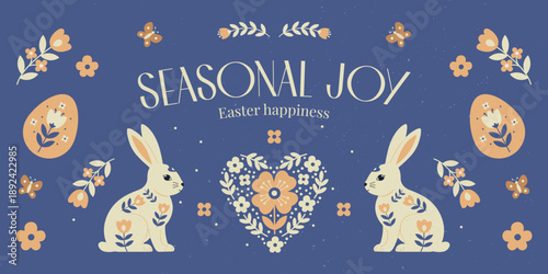 Folk Art Easter Banner with Rabbits and Floral Heart Illustration