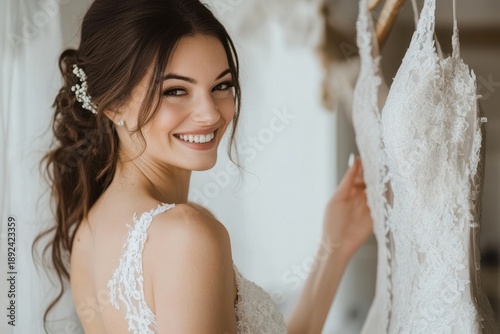 Bride smiles while selecting wedding dress in elegant bridal boutique