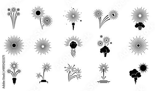 Fireworks and Pyrotechnic Silhouette Icon Set Vector