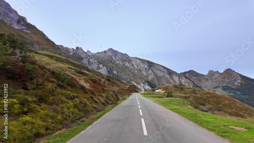 Driving up the Col d'Aubisque, France. Mountain pass in the French Pyrenees massif, symbol of the Tour de France in Bearn, France