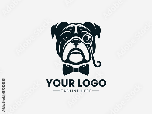 Stylish gentleman bulldog wearing suit and hat representing confidence class and modern mascot identity in black vector logo illustration
